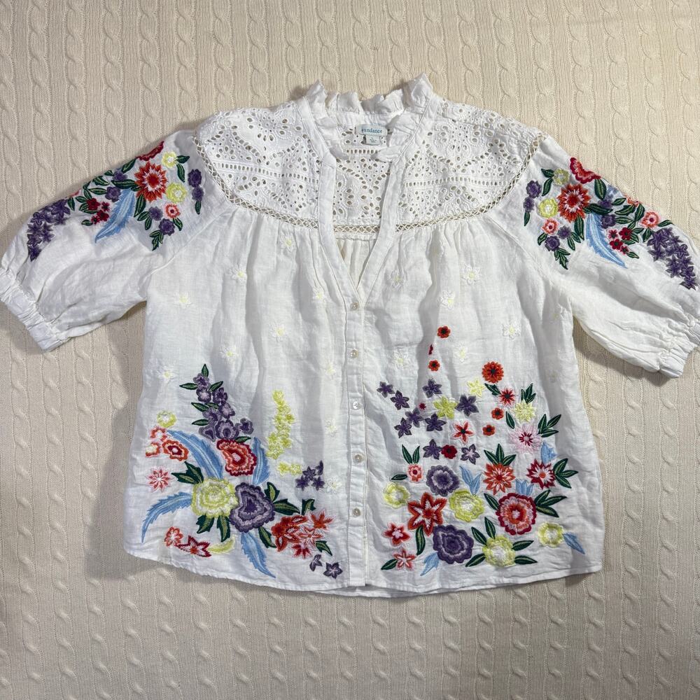 Sundance Floral Popover Colorful Embroidered Linen Short Sleeve Blouse L - Picture 2 of 8